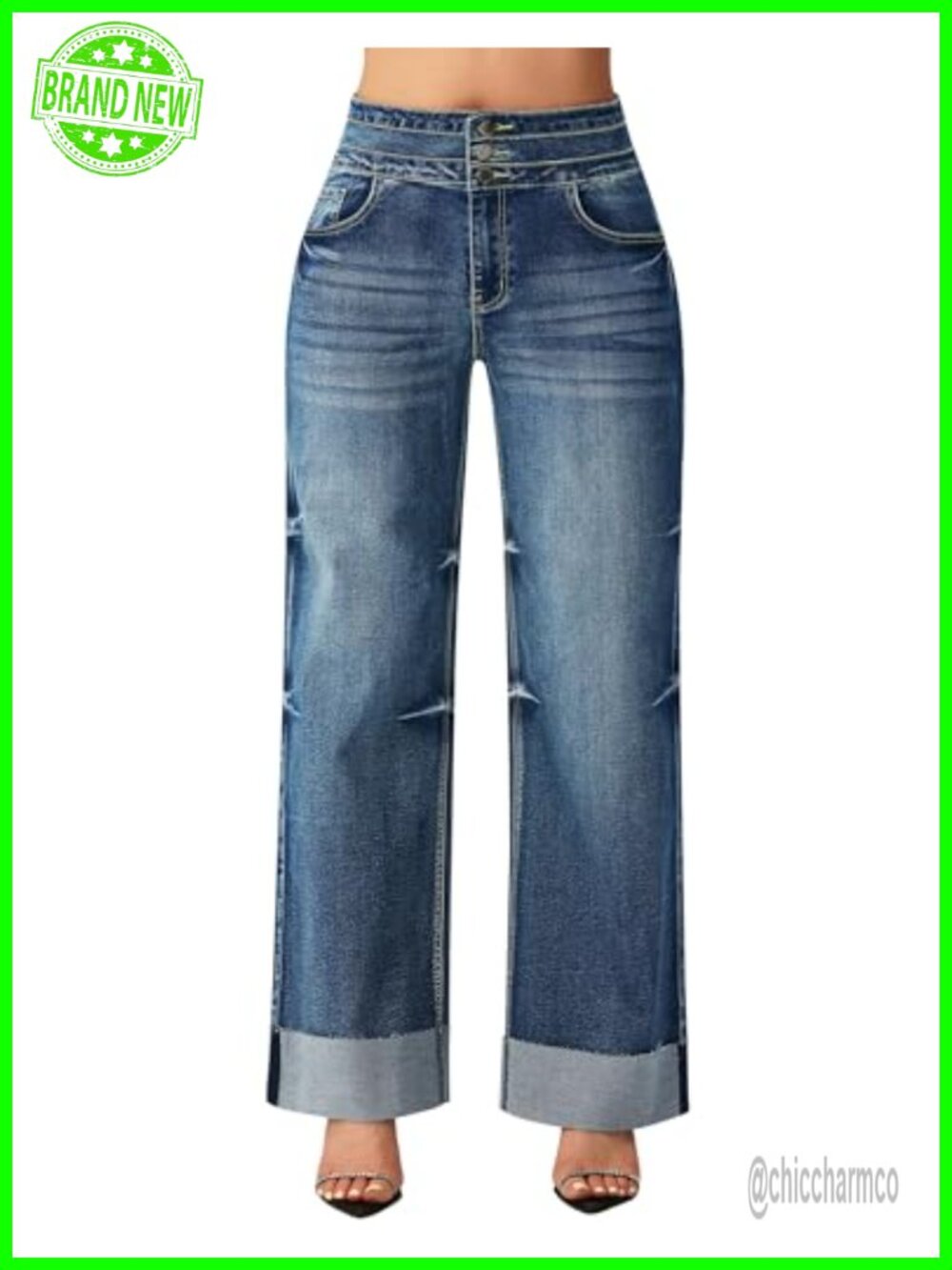 High Waisted Wide Leg Jeans with Cuffed Hem & 5-Pocket Style